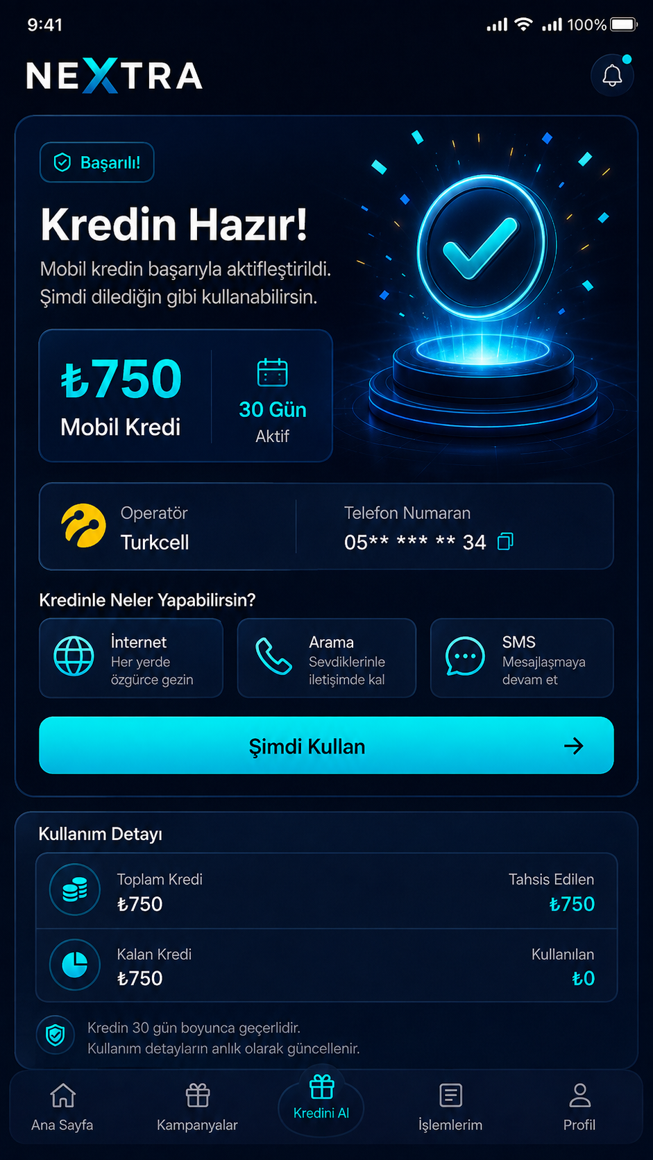 NEXTRA mobil kredi ekranı