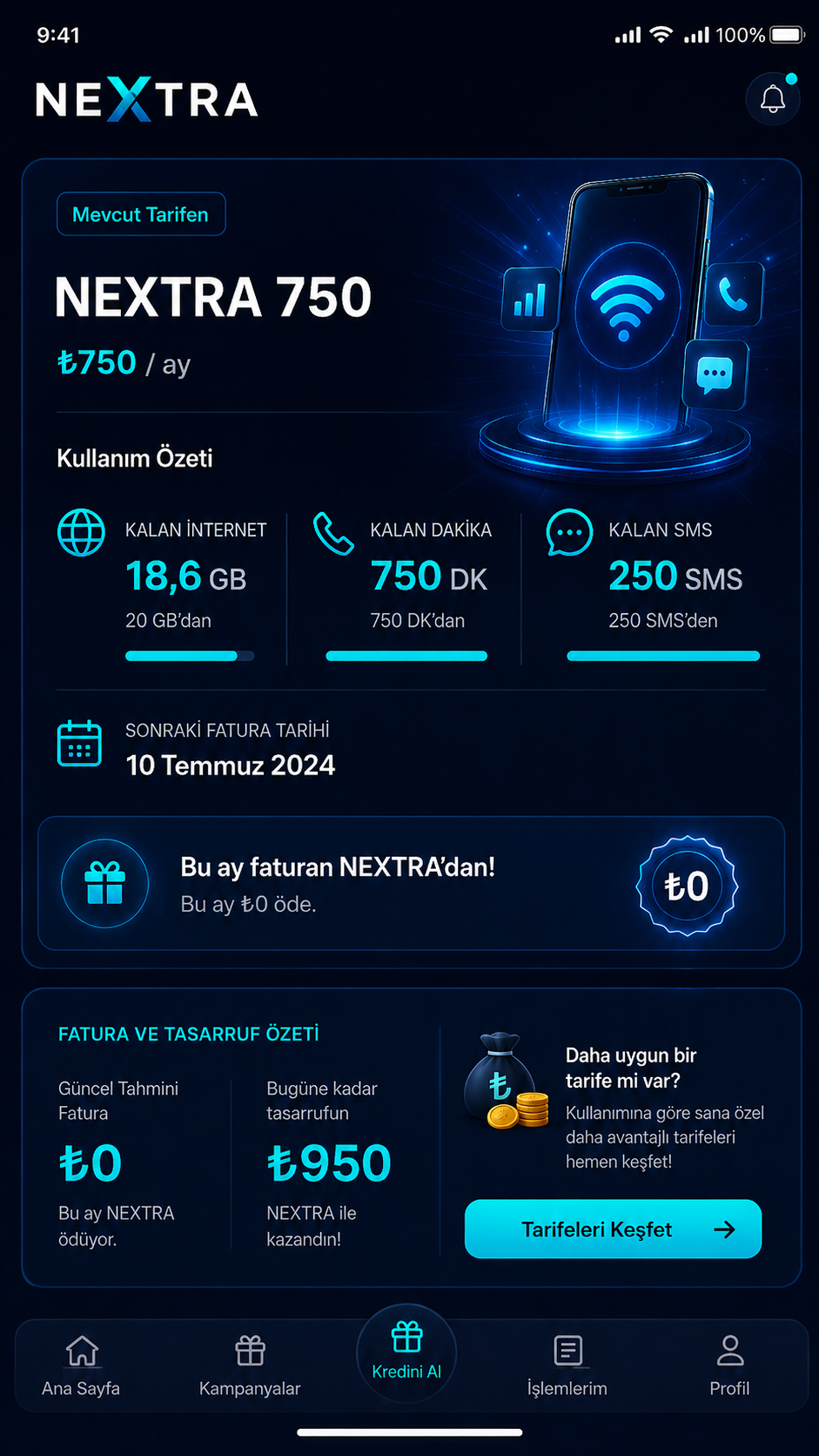 NEXTRA kullanım özeti ve plan ekranı