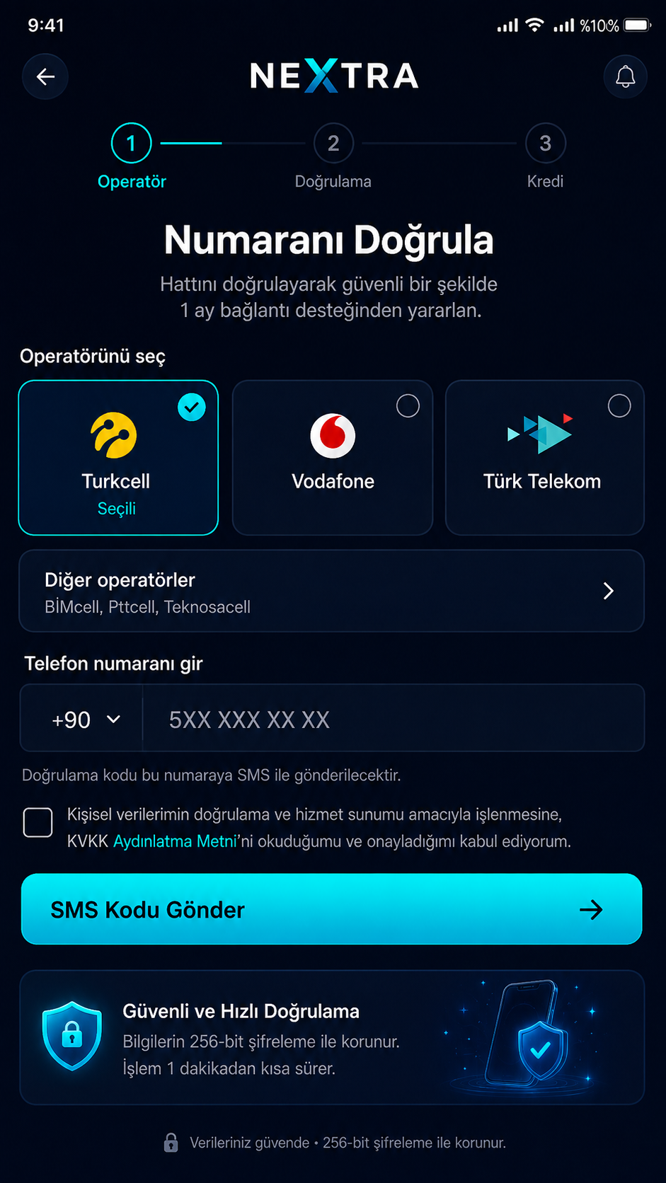 NEXTRA telefon numarası doğrulama ekranı